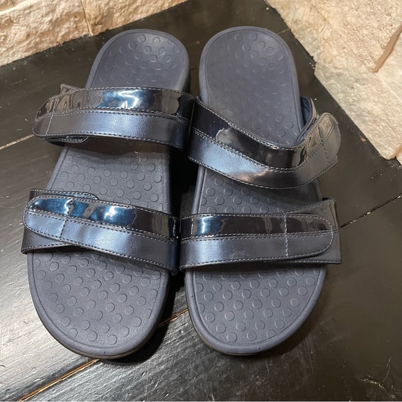 Vionic Shore navy blue double strap slide sandals slides slip ons patent leather - Picture 3 of 6